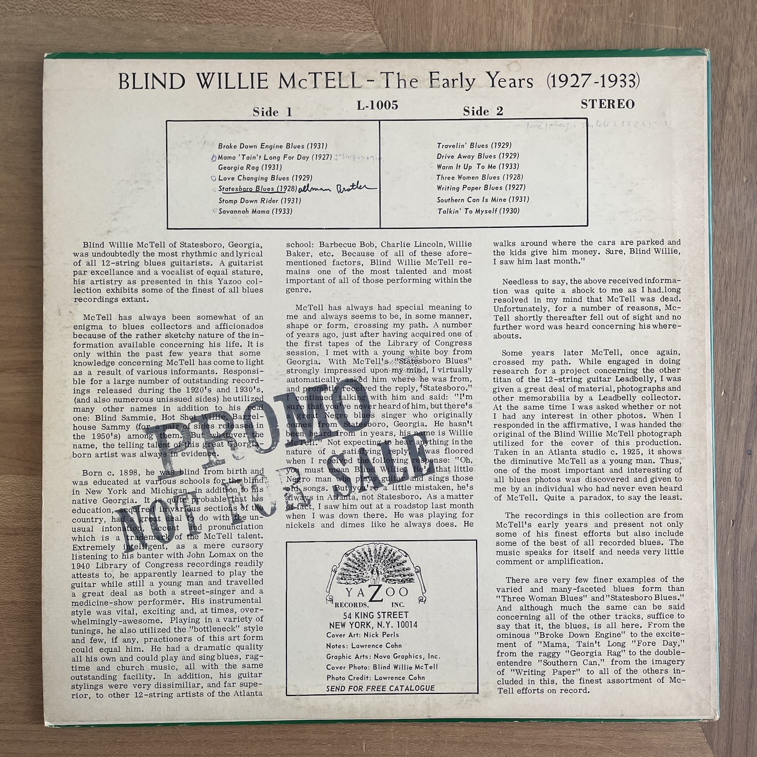 BLIND WILLIE McTELL THE EARLY YEARS 1927 1933 RECORDSHOP GG